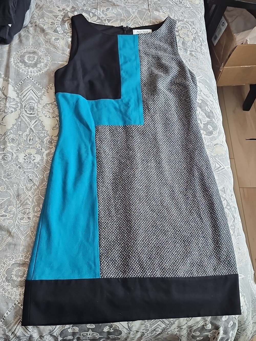 White House Black Market Teal, Black & Gray Colorblock Shift Dress